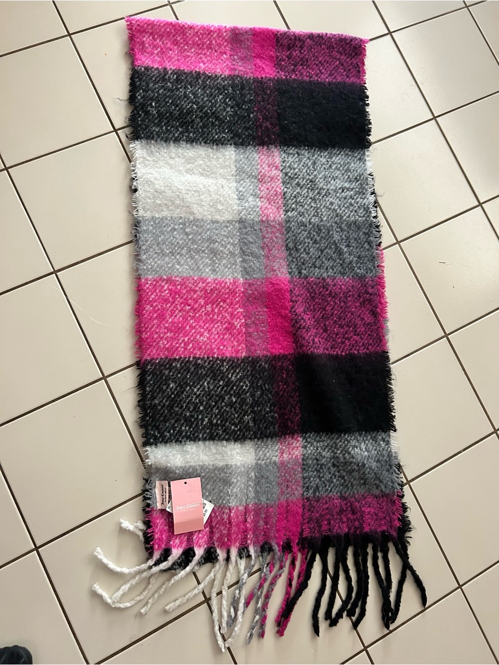 Juicy Couture Pink Black Gray Plaid Fringe Scarf